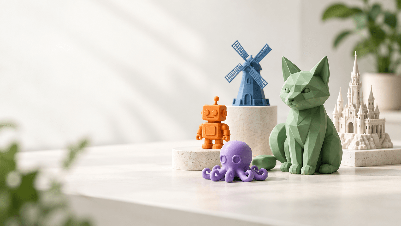 Assorted 3D-printed models — a robot, windmill, octopus, cat, and castle — sourced from online model marketplaces